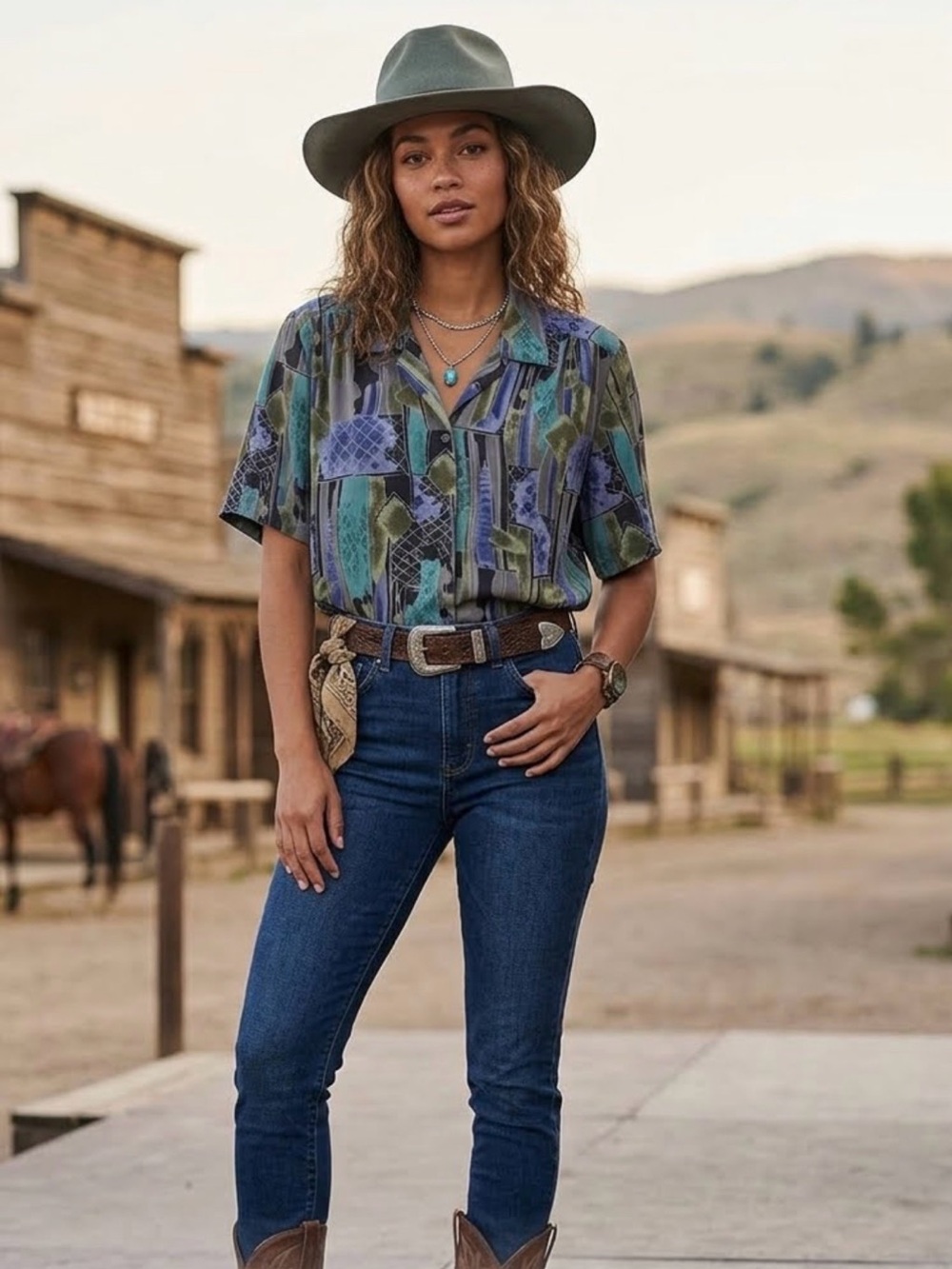 Women’s Short-Sleeve Abstract Print Button-Up Shirt - Green/Blue